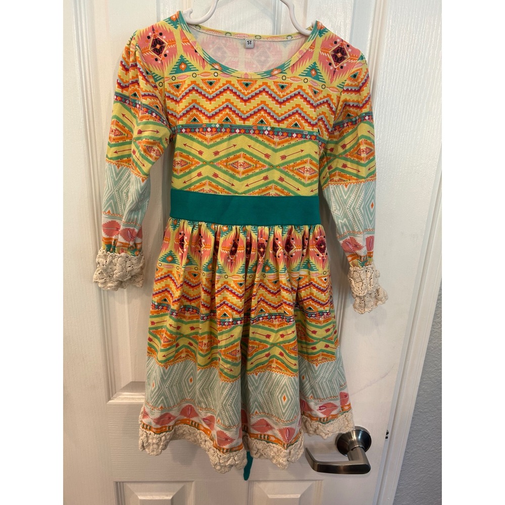 Be Girl Dress Yellow Southwestern Geometric Crochet Lace Trim Boho‎ 5T Bin A